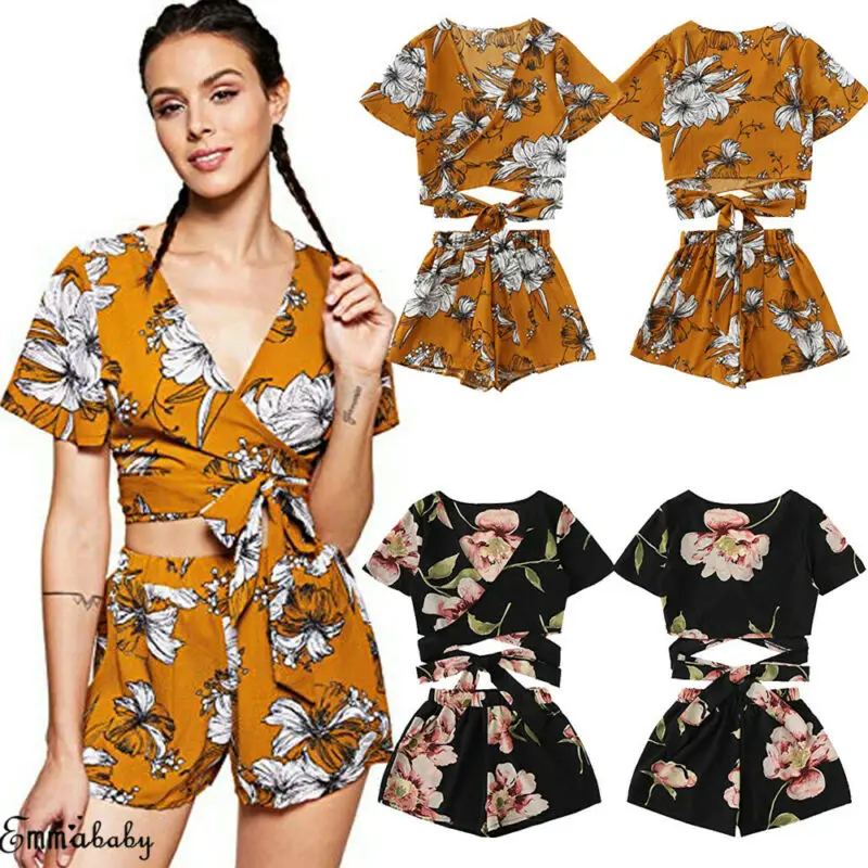 

Women 2 Piece Set Floral Bandage Crop Top Shorts Summer Outfits Short Jumpsuit Suit