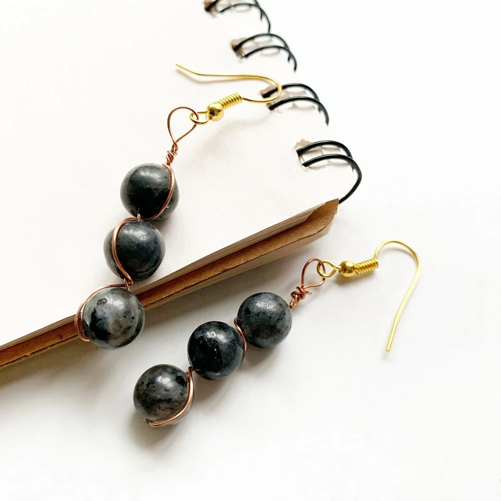 Natural Black Labradorite Earrings Copper Wire Wrapped 8mm Stone Beads Dangle Hook Gold-color Jewelry | Украшения и аксессуары