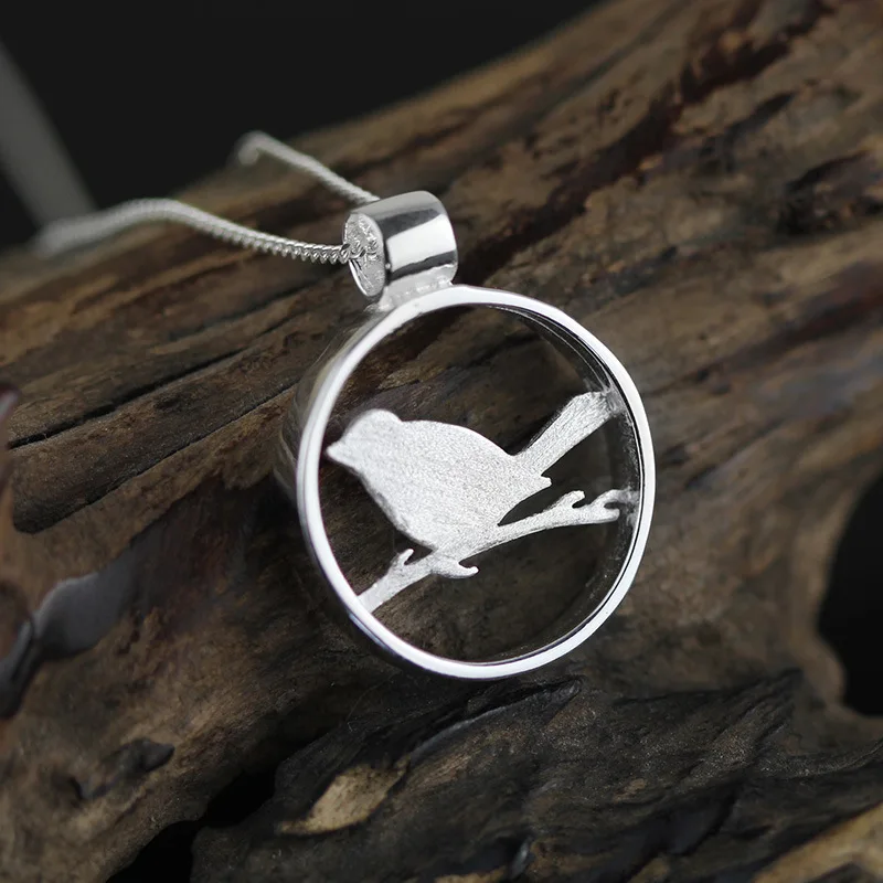 Поэтический стерлингового серебра 925 кулон Птица на ветке с клетка для птиц |