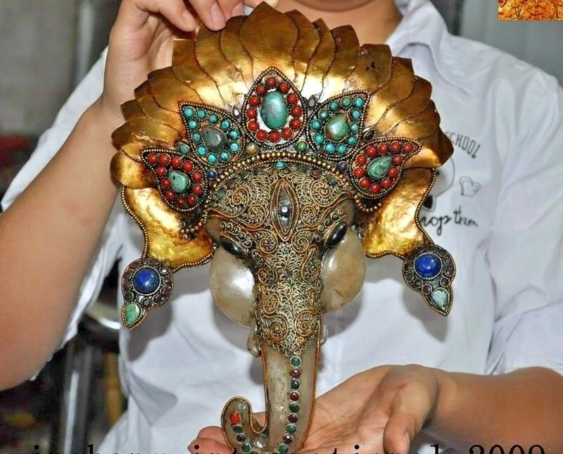 10&quotTibetan silver Filigree 24k gold Inlay gem Elephant Jambhala Shrines statue | Дом и сад