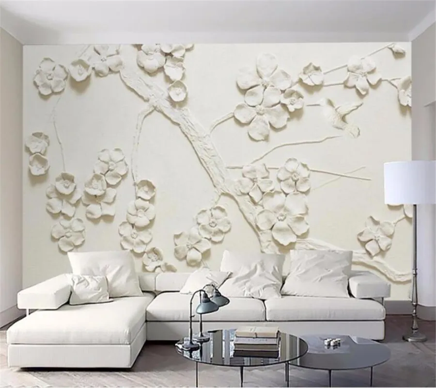 

wellyu Custom Wallpaper 3d Photo Mural Moody Relief Plum Blossom living room TV Background Wall paper Paintings papel de parede