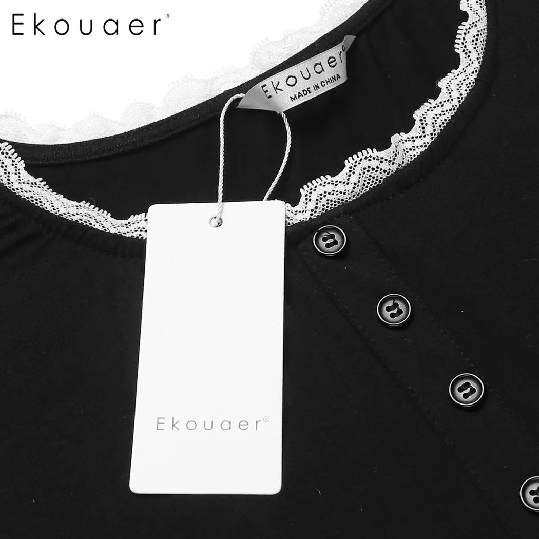 Женская ночная рубашка Ekouaer с круглым вырезом коротким рукавом и кружевной