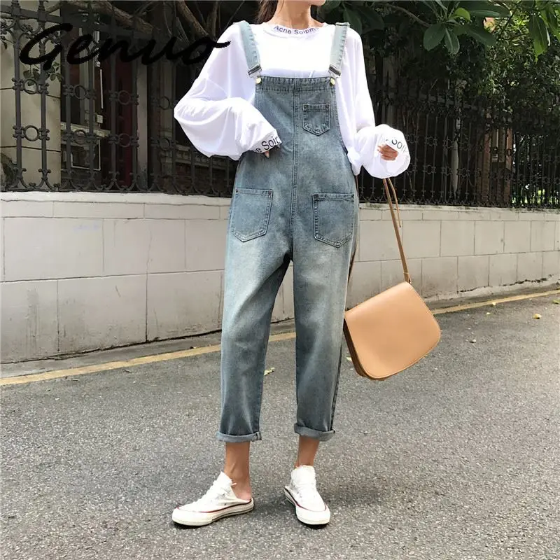 

Jumpsuits Womens Korean Style All-match Retro Loose Students Trousers Simple Pockets Casual Newest Fashion Strap Women Jumpsuit