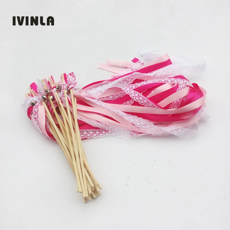 50pcs/lot Fushia & Pink  Lace wedding wands wedding ribbon stick with sliver bell for wedding decoration