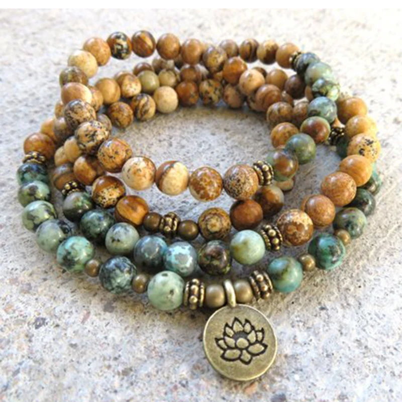 108 mala beads браслет Lotus Yoga Штабелируемый индийский камень и Африканский T urquoise из