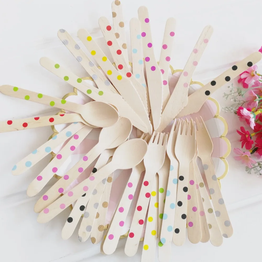 

24Pcs Disposable Tableware Sets Dot Pink Blue Black Knives Forks Spoons Set Wood Baby Shower Baptism Birthday Party Supplies11CM