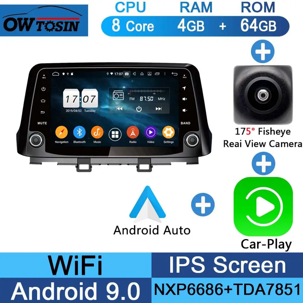 Fisheye Carplay n A " ips 8 Core 4 Гб+ 64 ГБ Android 9,0 Автомобильный мультимедийный плеер для hyundai Encino Kona gps компактное минирадио CarPlay Parrot BT - Цвет: Fisheye Carplay n A