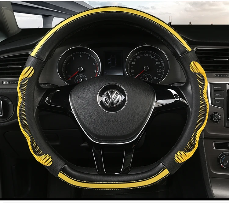 KKYSYELVA D Shape Leather Car Steering Wheel Cover Four Seasons Steering Wheel Hubs ForInterior Accessories