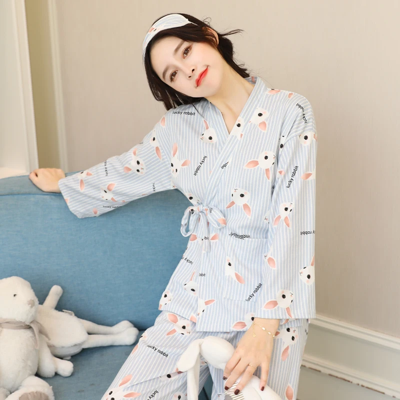 

cartoon new spring simple fresh cotton crane japanese kimono womens pajamas sets sleep lounge bathrobes yukata for women AD090