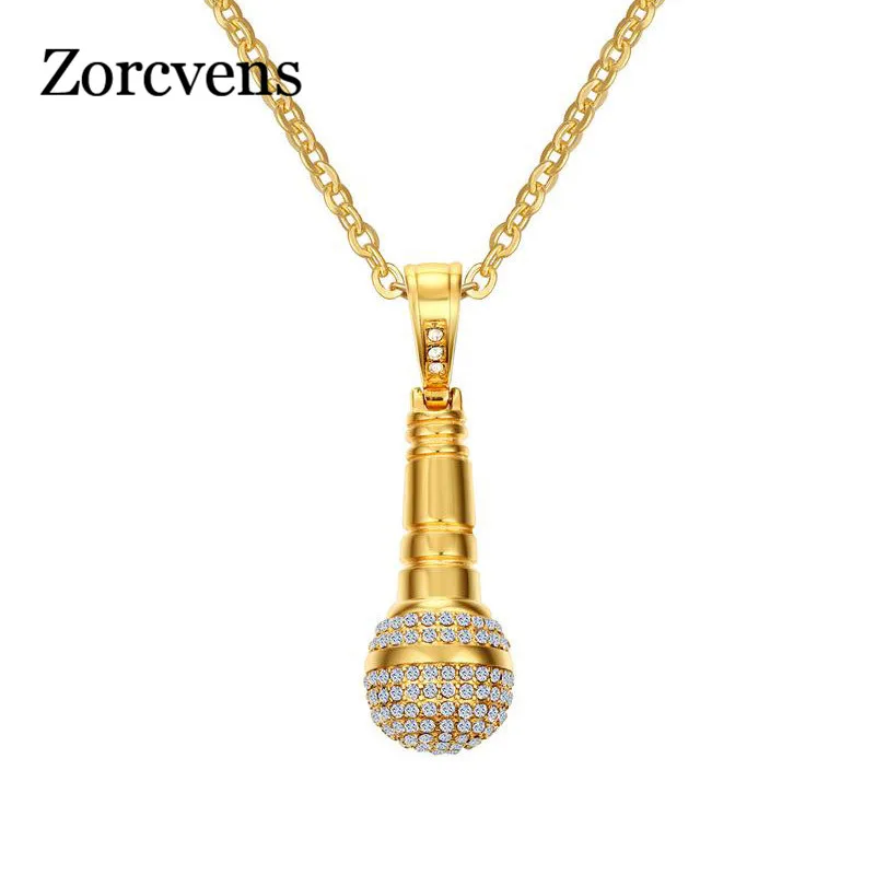 ZORCVENS Gold-color Stainless Steel CZ Stone Hip Hop Microphone Necklace &amp Pendant for Men/Women | Украшения и аксессуары