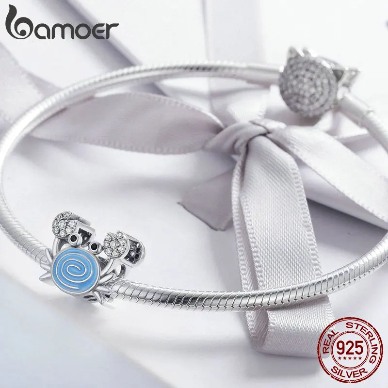 BAMOER Настоящее 925 пробы Серебряный смешной Краб прозрачный CZ синий эмаль Шарм бусины подходят для женщин Браслеты и ожерелья DIY Ювелирные изделия SCC682