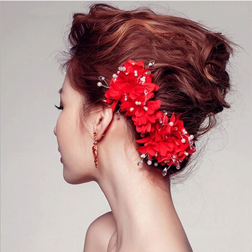 Новый дизайн красный цветок свадебный головной убор искусственные жемчужные