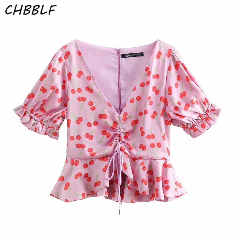 CHBBLF Женские V шеи с рисунком вишни блузка кулиска коротким рукавом и оборками