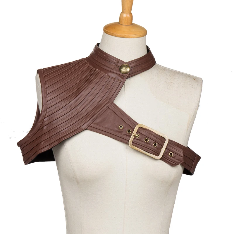 Black &amp Brown Faux Leather Shoulder Collar Steampunk With Button Striped Corsets Bustiers Jacket Accessories Wholesales Price | Женская