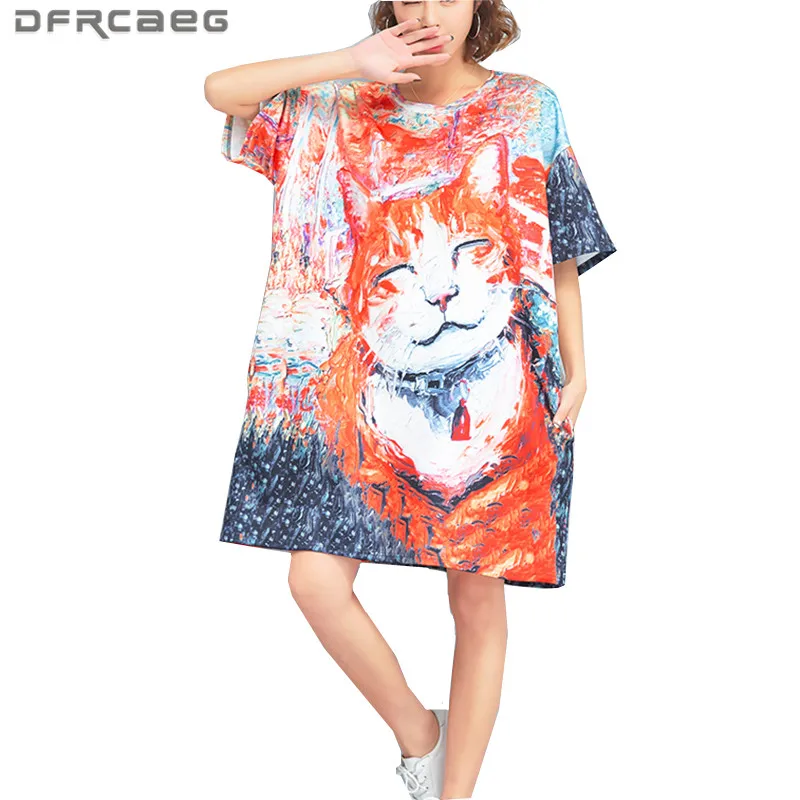 Подходит 3XL 5XL Большие размеры платье рубашка с принтом кота для женщин 2019 модные
