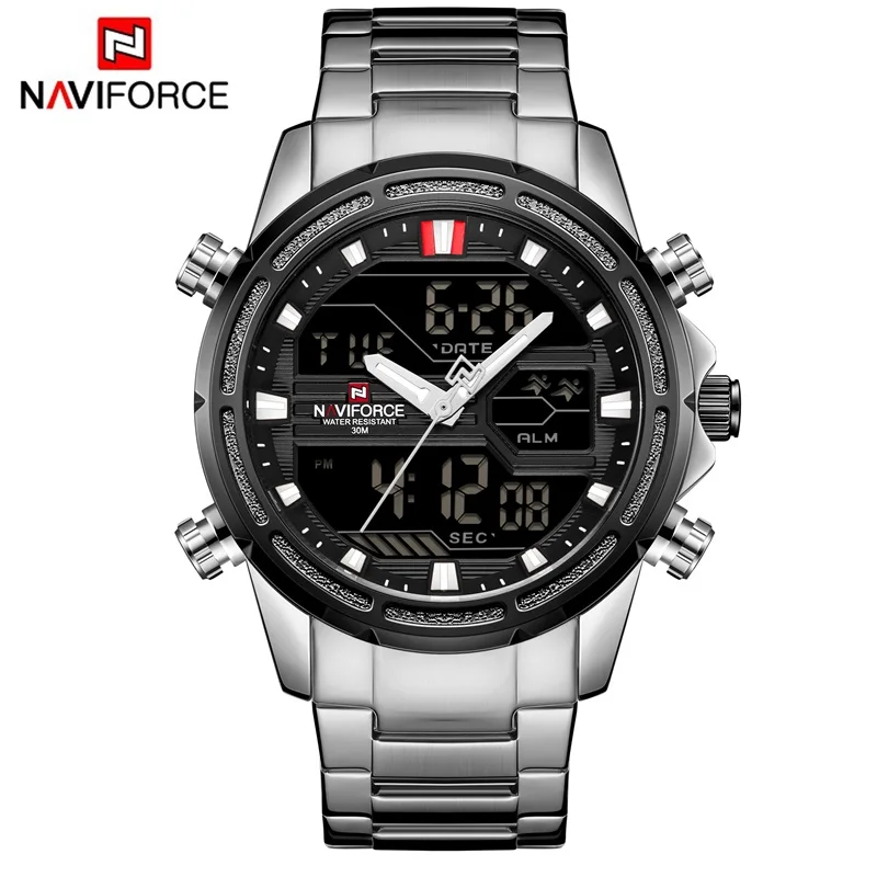 Silver black Новинка, NAVIFORCE, Мужские Аналоговые часы, Роскошные, модные, спортивные, водонепроницаемые, кварцевые наручные часы, полностью стальные, мужские часы, Relogio Masculino - Цвет: Silver black