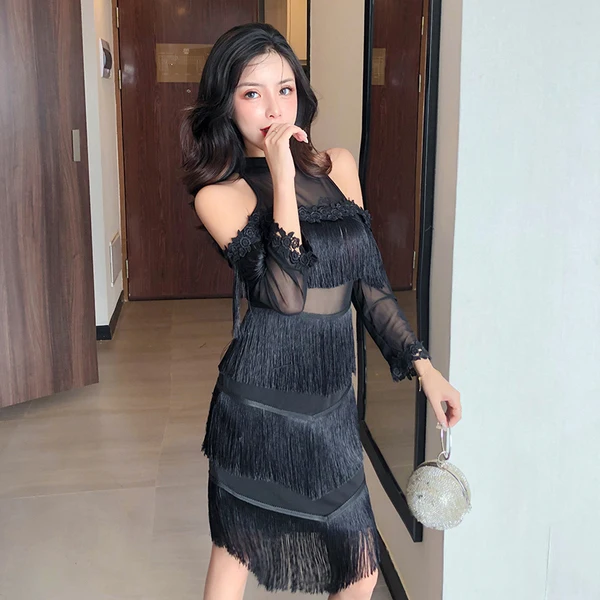 Сексуальное и облегающее Клубное платье Черное Кружевное лоскутное Сетчатое