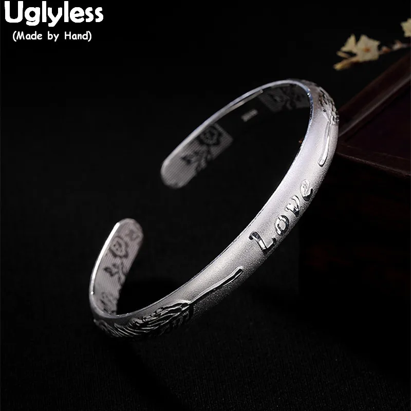 

Uglyless Real Solid 999 Pure Silver Feather Bangles for Women LOVE Open Bangle Double-side Carved Flower Bracelets Fine Jewelry