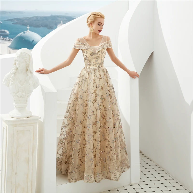 2020 Vestidos De Gala Largos Кепки рукава платья для выпускного вечера Фольга печатных