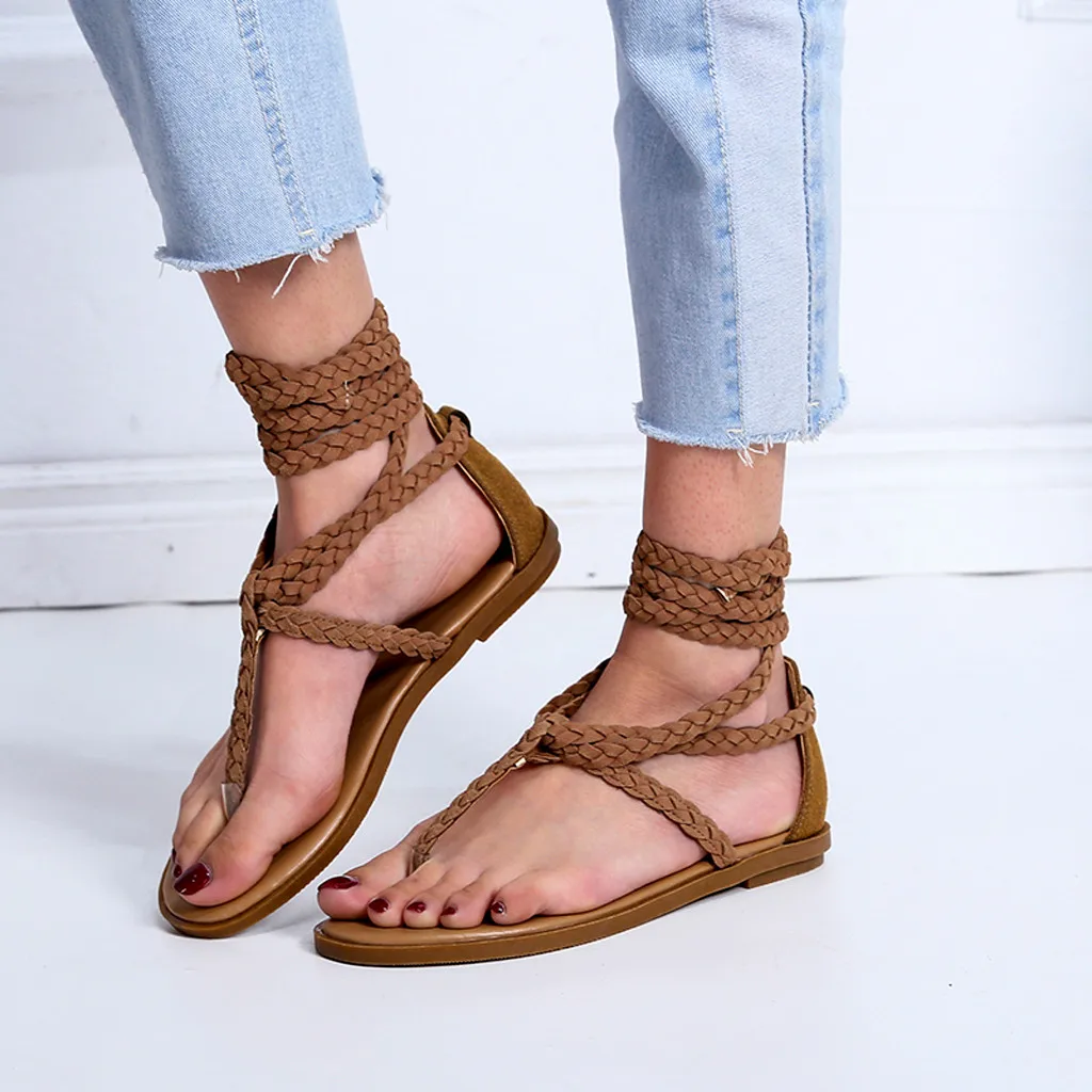 Женские сандалии летние плетеные на плоской подошве с ремешком щиколотке