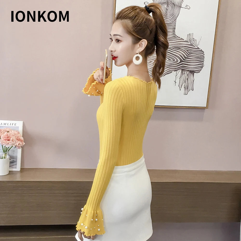 Женский вязаный свитер с круглым вырезом IONKOM пуловер рукавами-фонариками и