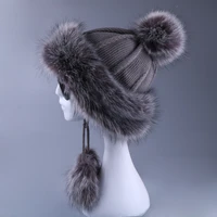 women ushanka faux fox fur pompom winter russain cossack outdoor earflap wool knitted snow ski cap fleece bomber trapper hat
