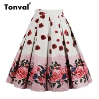 tonval high waist floral pleated skirts womens summer red rose flower women vintage skirt midi skirts 2021
