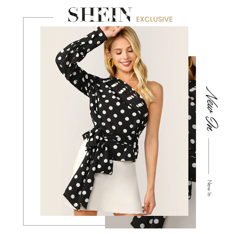 SHEIN Блузка С Поясом На Одно Плечо Нарядная Блузка В Горошек С Длинным Рукавом
