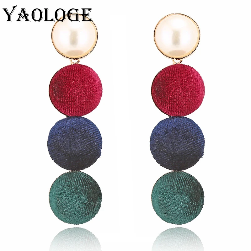 YAOLOGE Korean Imitation Pearls Velvet Ball Earrings Vintage Statement Long Earring for Women Female Jewelry Brincos Gifts E1548 | Украшения