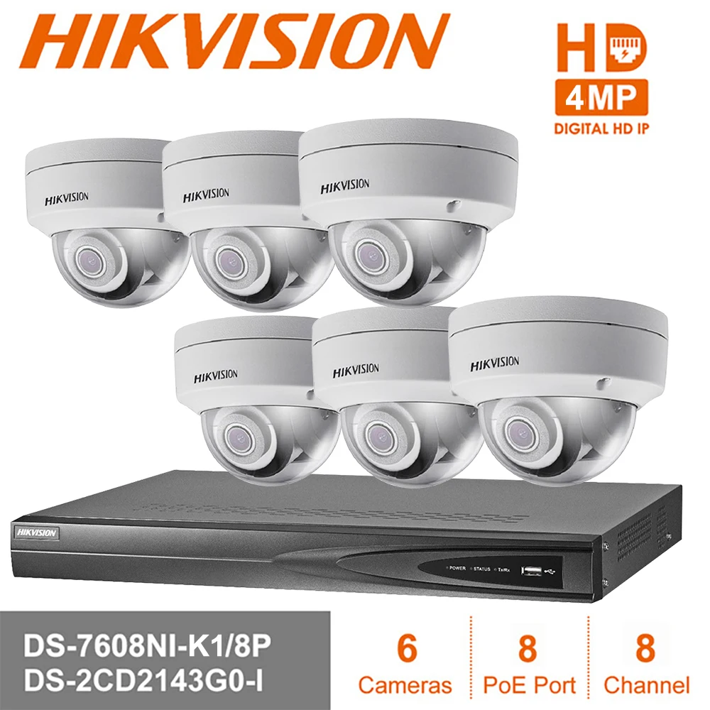 Hik 8CH POE NVR DS-7608NI-E2/8 P 6 шт. 4MP DS-2CD2143G0-I CCTV система безопасности купольная наружная ip-камера набор для наблюдения
