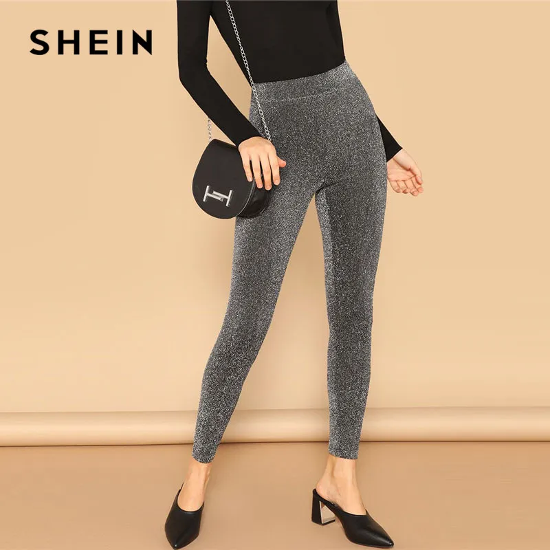 SHEIN Блестящие Леггинсы С Эластичной Талией Женские Гламурные Леггинсы С Высокой Талией