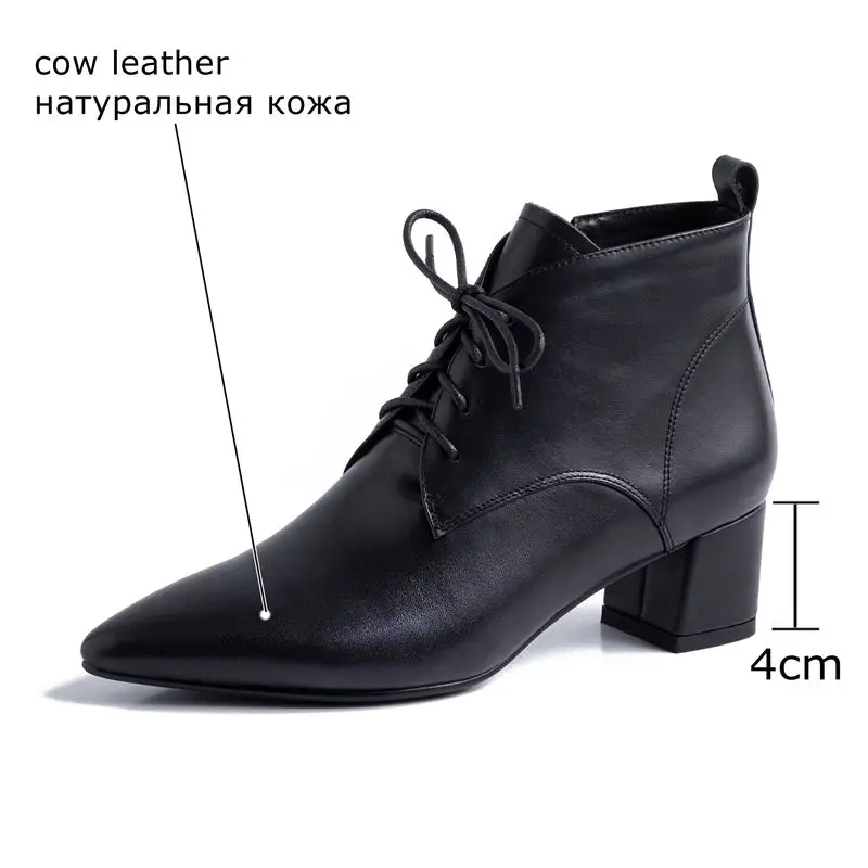 ALLBITEFO fashion retro genuine leather pointed toe high heels women boots ankle boots for women leather boots girls shoes