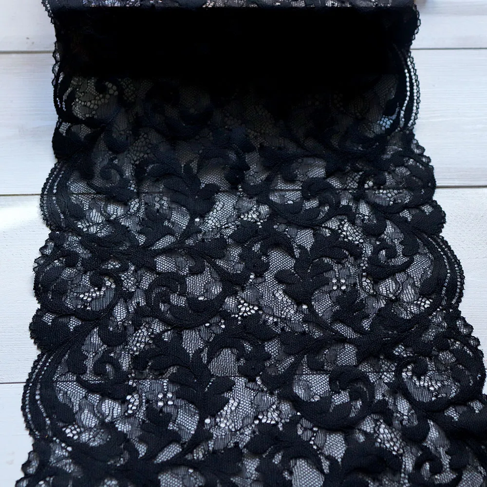2Yards 23cm Wide Damask Stretch Lace Trim Black Flower Elastic Bridal Belt Headwear Garment Ribbon Springy Fabric DIY | Дом и сад