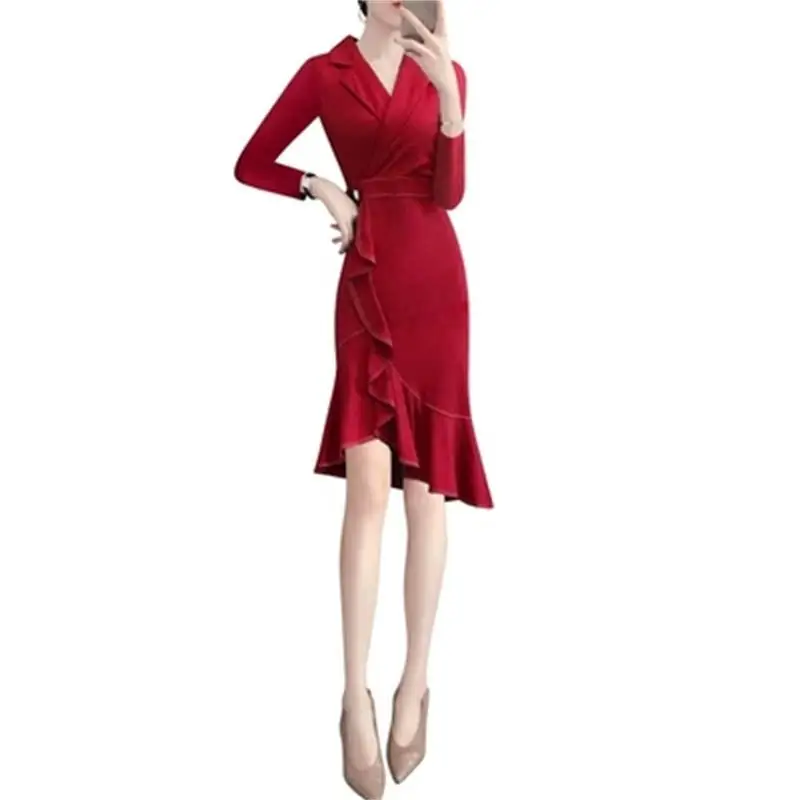 

Fashion Dress women's Autumn/spring New High-end dress female red temperament fishtail dress women