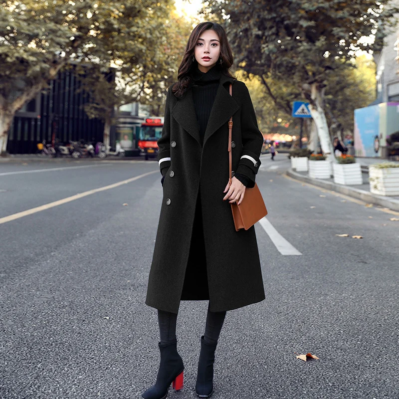 Smoky blue Double-breasted woolen coat female long section 2019 new spring autumn popular Hepburn wind z34 | Женская одежда
