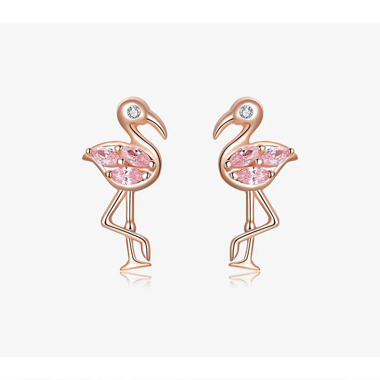 bamoer Summer Flamingos Stud Earrings for Women Pink Cubic Zirconia Ear Studs Romantic Female Silver 925 Jewelry Gifts BSE120