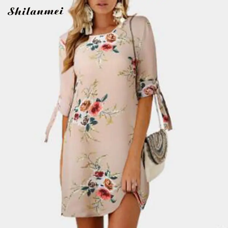 2018 женское летнее платье бохо стиль цветочный принт шифоновое пляжное Туника