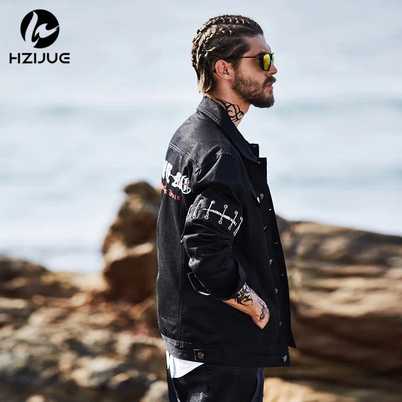 Hzijue Новинка 2017 года джинсовая куртка Для мужчин оригинальный дизайнер уличной