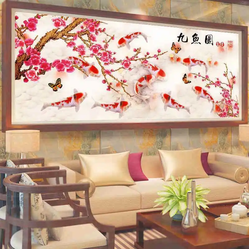 QIANZEHUI сделай сам 5D девять рыбы plum Набор для рисования с круглыми камнями и