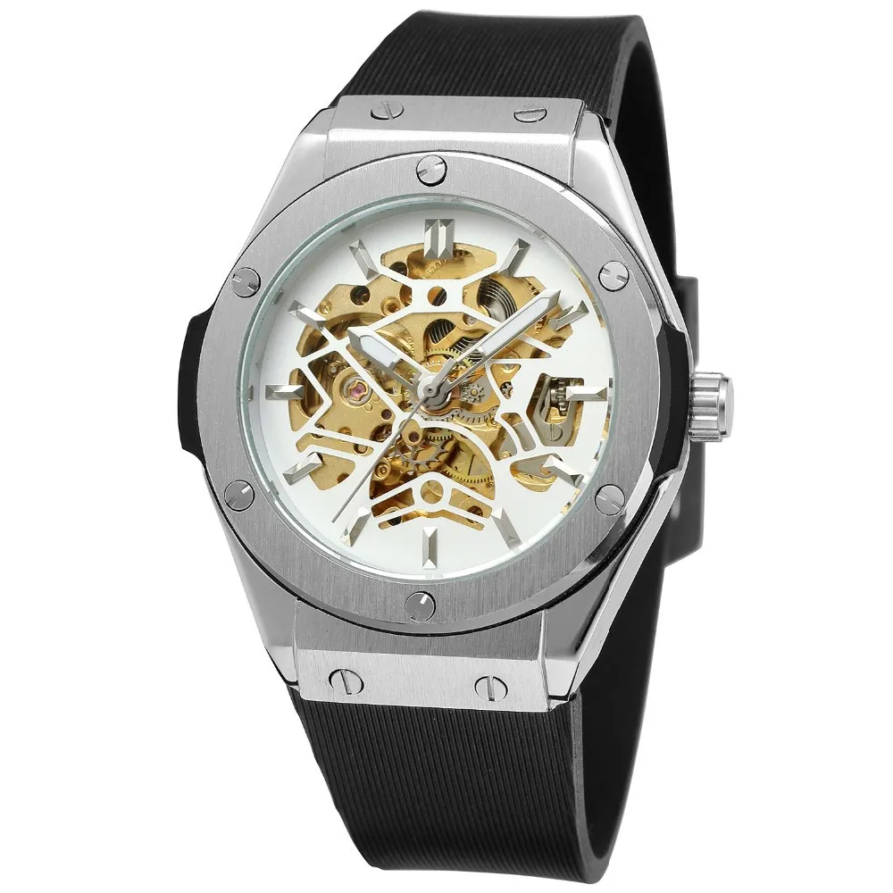White gold Forsining мужские военные часы модные автоматические механические наручные часы с резиновым ремешком чехол из нержавеющей стали reloj hombre - Цвет: White gold