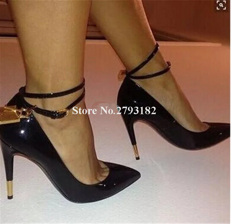 Brand Design Women Fashion Pointed Gold Pattern Leather Lock Pumps Ankle Straps Thin Heel Pink High Heels Dress Shoes | Обувь
