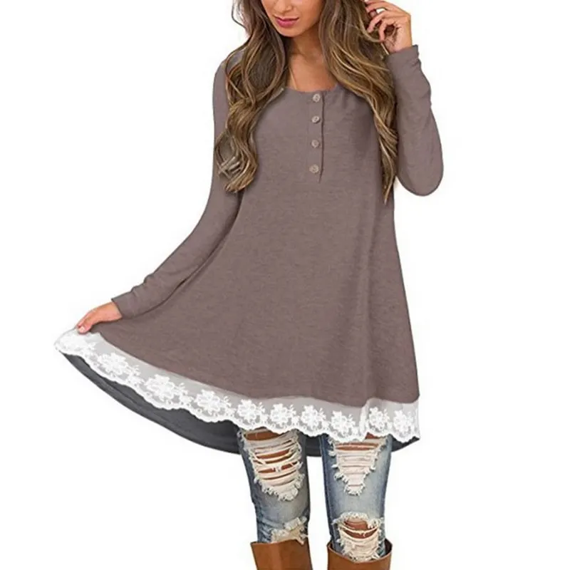 MONERFFI, весеннее женское платье, модное, с круглым вырезом, свободное, Vestido, кружевное платье с длинным рукавом, хлопок, на пуговицах, Повседневная Туника, плюс размеры, рубашки