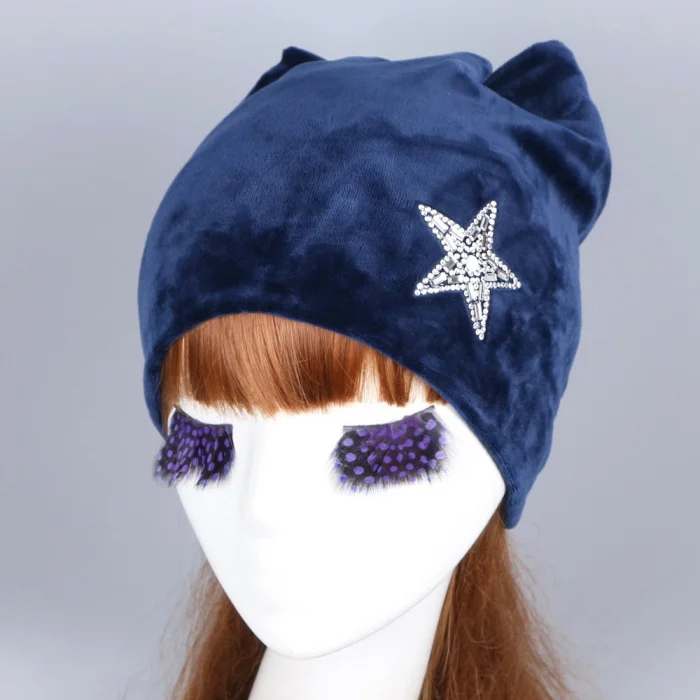 OHCOXOC дизайн женские шапочки Skullies принцесса девушка милая осенне-зимняя шапка с кошачьими ушками блестящая Звезда со стразами - Цвет: ear no crystal