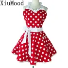 фартук для кухни Аксессуары XiuMood для домашней кухни и столовых приборов, ретро, полный красный нагрудник в горошек с карманом