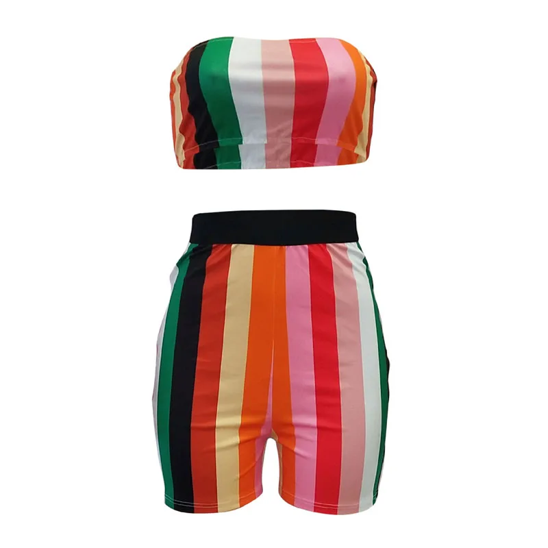 New Sexy Women set Strapless Crop Top and Shorts Two pieces Colourful Printed Striped Vacation Wear B06DR739 | Женская одежда