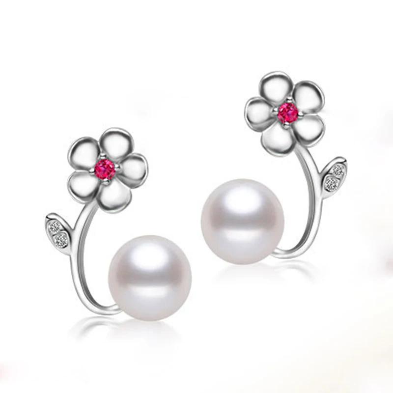 

YIKALAISI brand 2017 fashion natural pearl stud earrings for women 925 sterling-silver-jewelry flower 8-9mm high quality pearl
