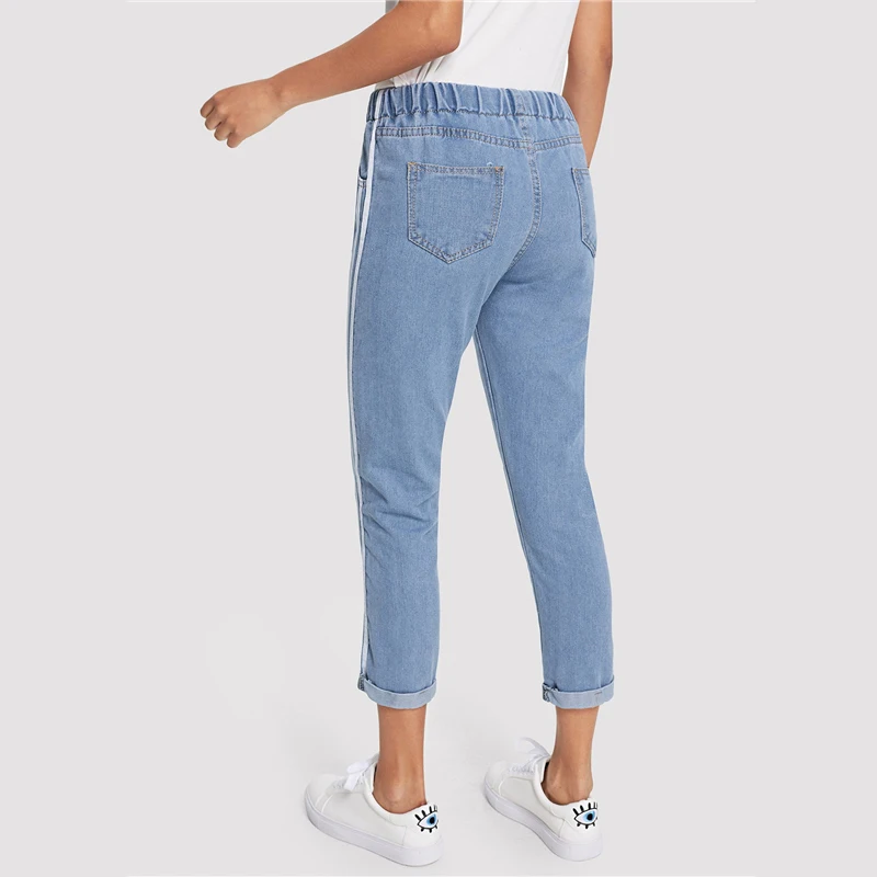 Dotfashion в синюю полоску с узлом сбоку спереди джинсы женщина осень Повседневное штаны с эластичной резинкой на талии укороченные джинсы для Для женщин джинсовые брюки