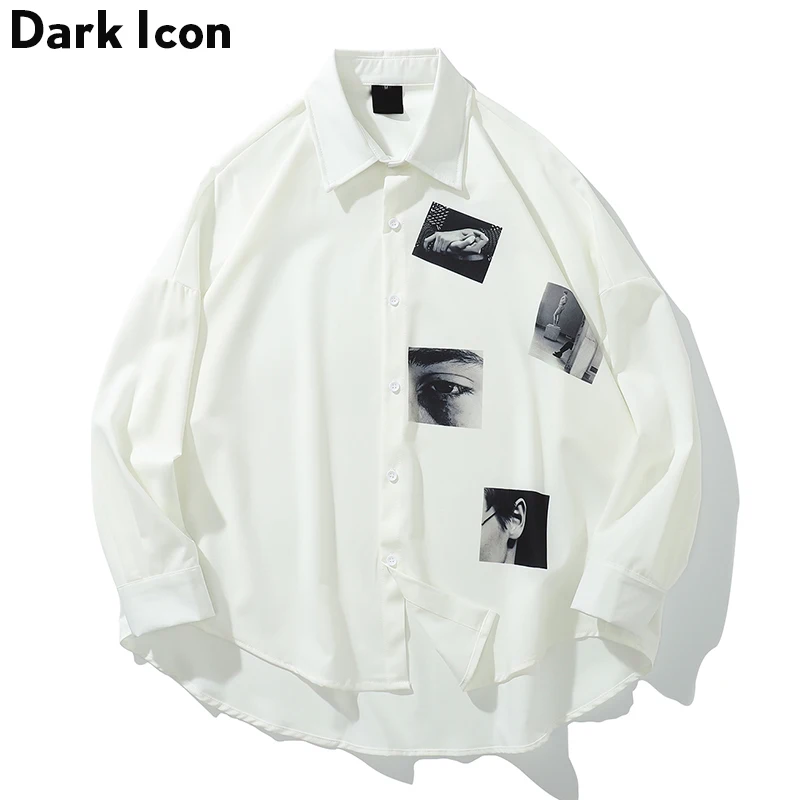 Dark Icon Printed Oversized Shirt Men 2019 Summer Turn-down Collar Men's Shirts Three Quarter Sleeve Shirts for Men