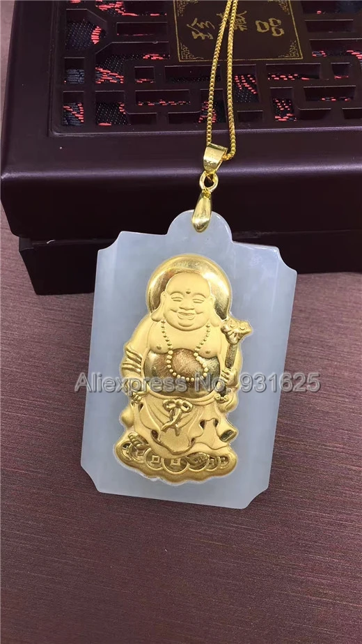 Натуральный Белый Хотан Yu + золото инкрустированные резные благословение Будда