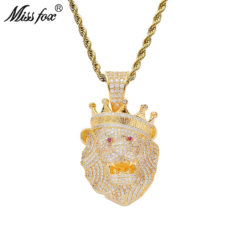 Missfox голова льва в короне кулон ожерелье хип хоп ювелирные изделия нежные